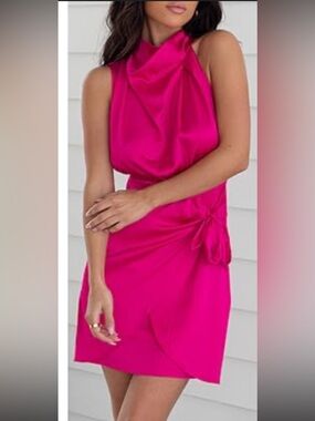 Hot Pink Sleeveless Satin Cocktail Dress - Brand: